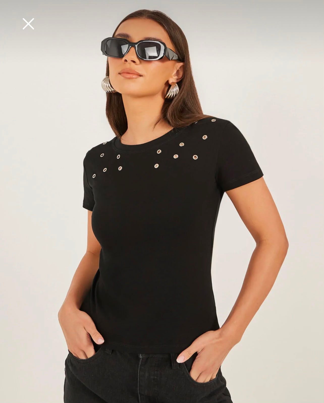 SHEIN Fast Delivery in 5 Days Black Eyelet Detail Fitted T-Shirt