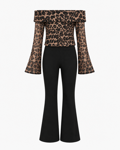 Girls Leopard Off-Shoulder Top and Black Flared Pants Set – SHEIN Fast Delivery in 5 Days