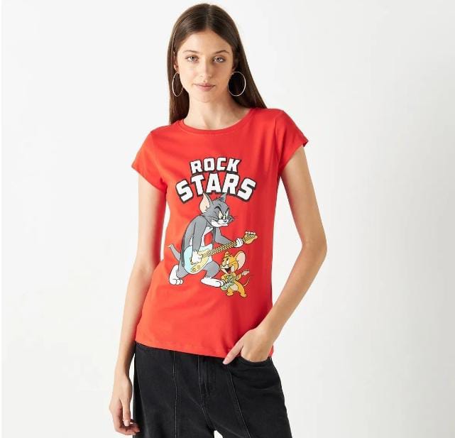 Women’s Splash Tom & Jerry Graphic T-Shirt – Red Cotton Short Sleeve Casual Top