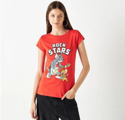 Women’s Splash Tom & Jerry Graphic T-Shirt – Red Cotton Short Sleeve Casual Top
