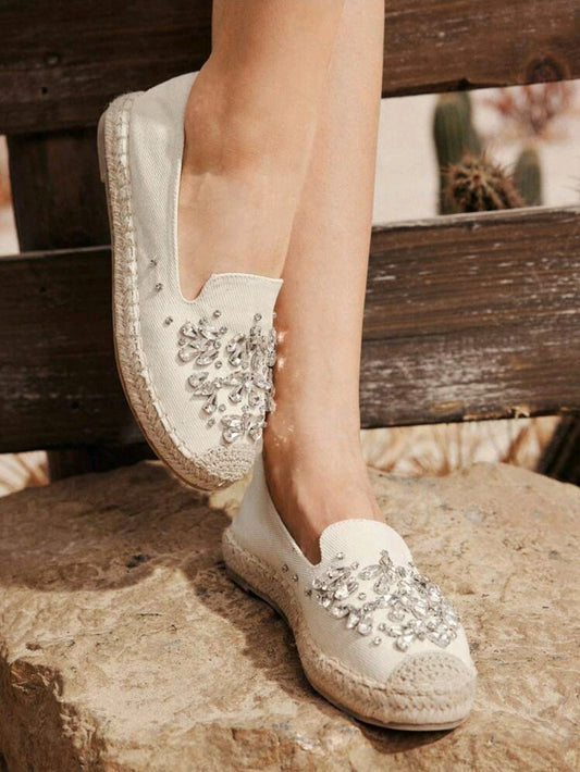 White Slip-On Espadrille Flats for Women with Crystal Embellished Front Detail