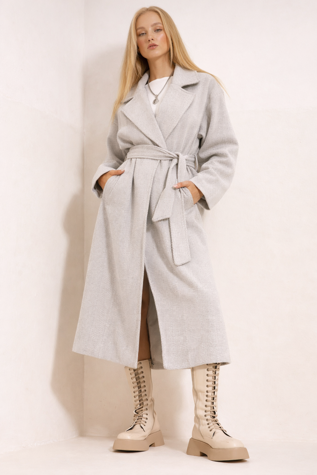 Light Grey Belted Long Coat – Oversized Winter Wrap Coat – Elegant Lapel Outerwear – Soft Textured Finish