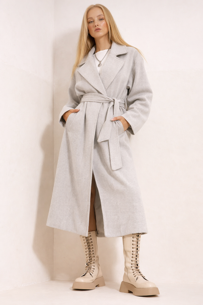 Light Grey Belted Long Coat – Oversized Winter Wrap Coat – Elegant Lapel Outerwear – Soft Textured Finish