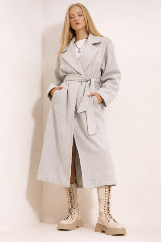 Light Grey Belted Long Coat – Oversized Winter Wrap Coat – Elegant Lapel Outerwear – Soft Textured Finish