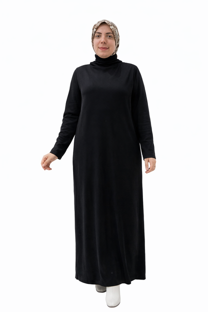 Basic Ribbed Maxi Dress – Black – High Neck Oversized Modest Long Dress