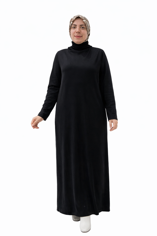 Basic Ribbed Maxi Dress – Black – High Neck Oversized Modest Long Dress