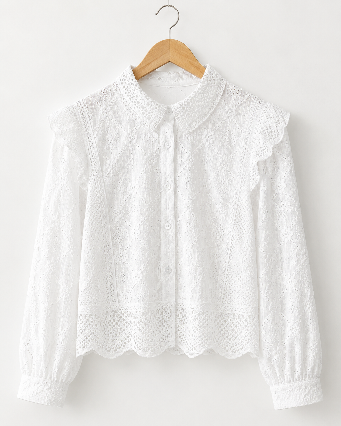 Women White Embroidered Lace Button Blouse