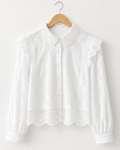 Women White Embroidered Lace Button Blouse