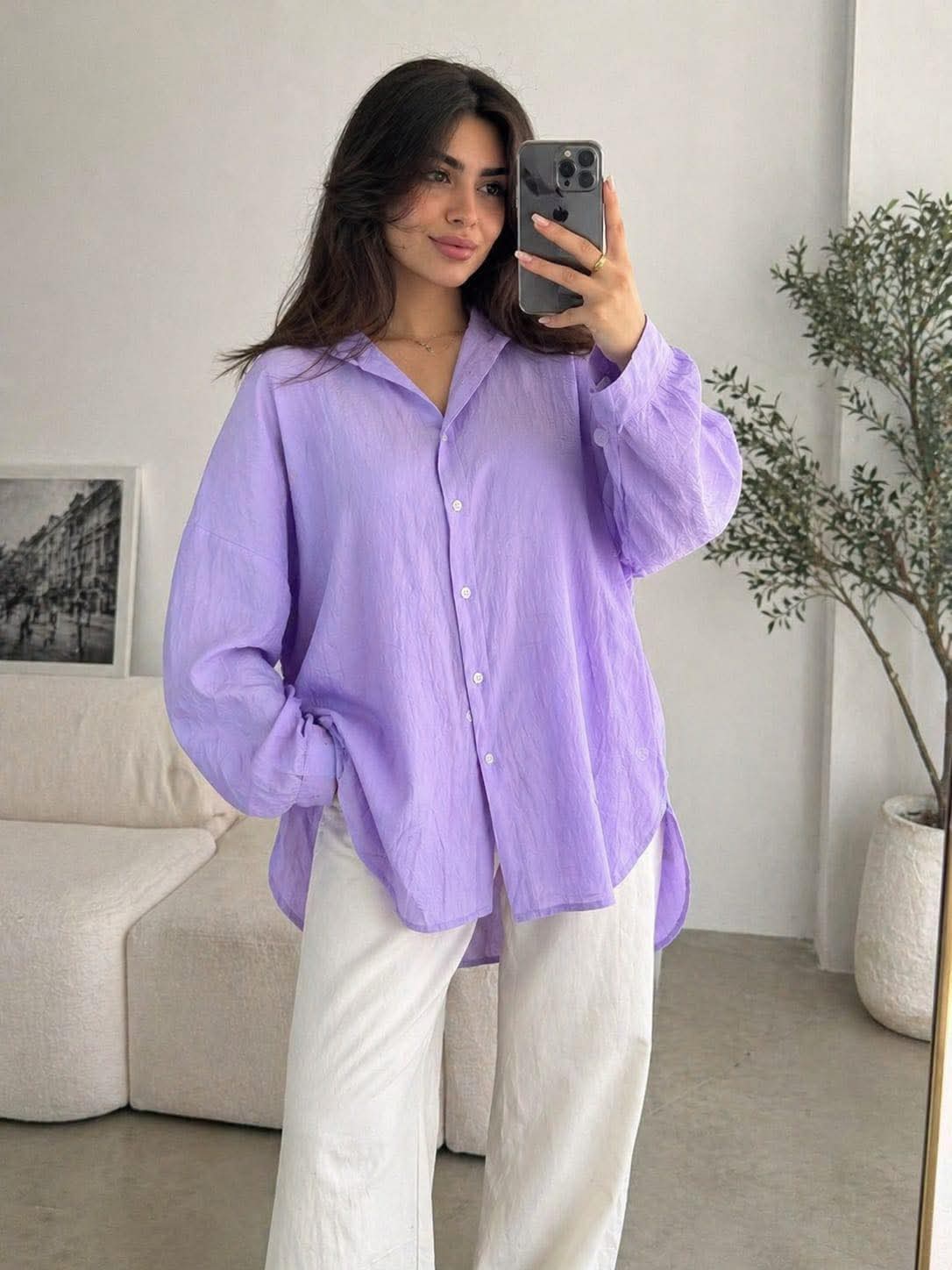 Women's Oversized Lavender Button Front Shirt – Casual Long Sleeve Relaxed Fit Blouse