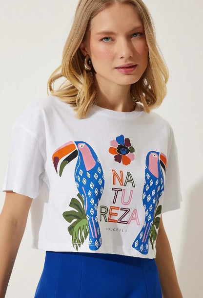 Women’s White Tropical Parrot Graphic Cotton T-Shirt, Short Sleeve Casual Summer Top