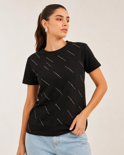 SHEIN Fast Delivery in 5 Days Black Diagonal Dotted Print T-Shirt