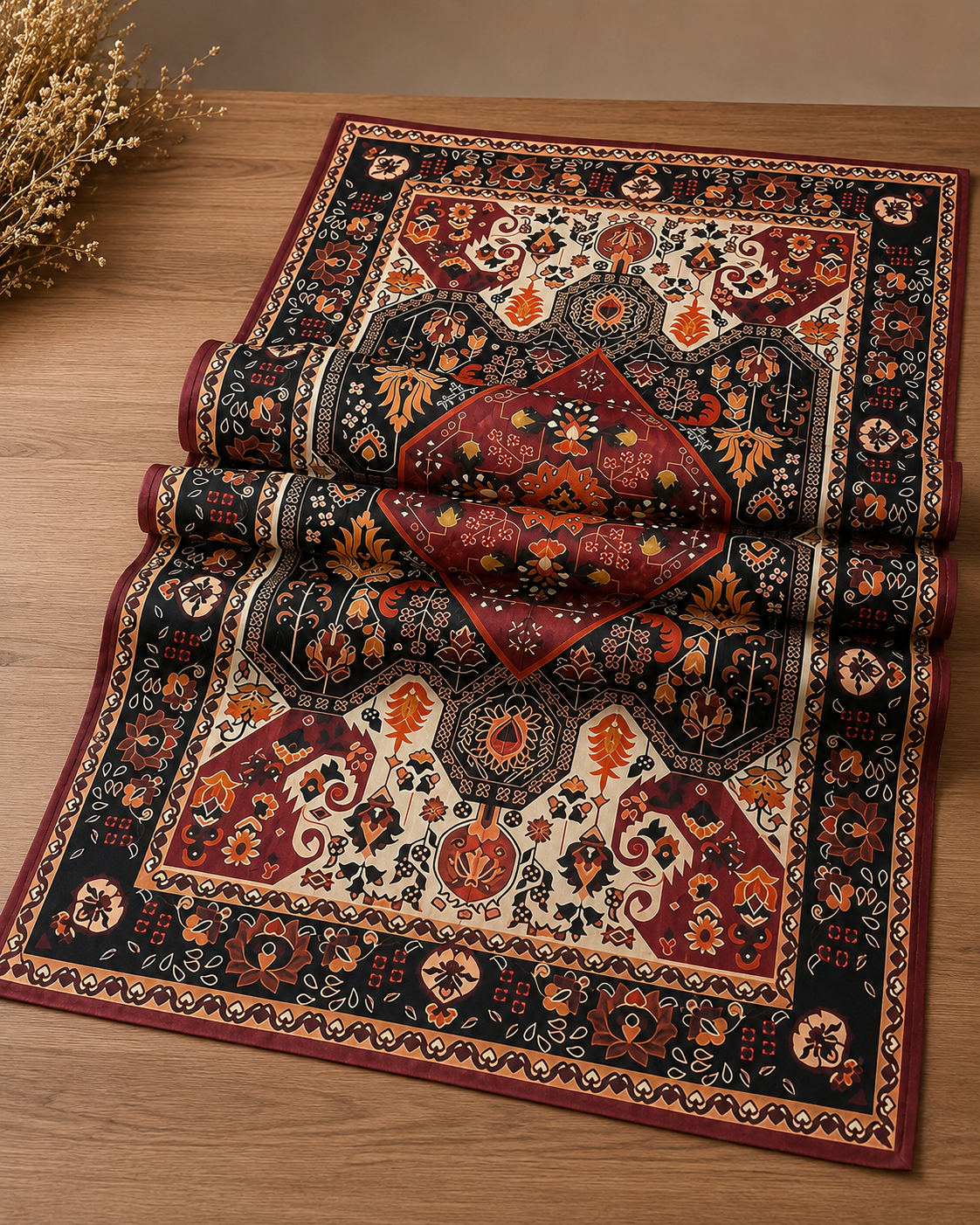 Bohemian Red Black Floral Geometric Table Cover 90 x 140 cm
