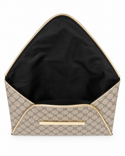 Geometric Envelope Clutch Bag, Gray Grid Pattern Evening Handbag with Gold Metal Trim
