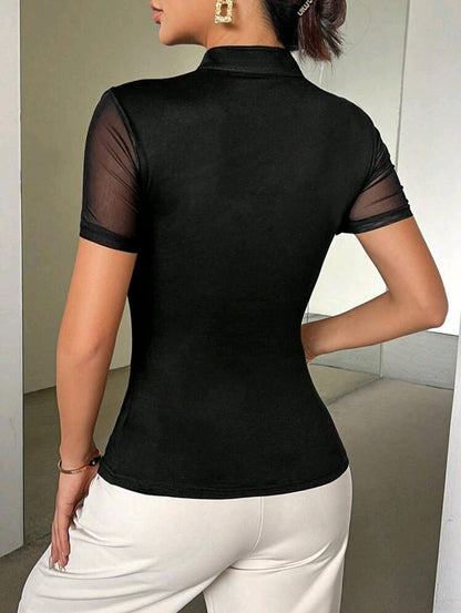 SHEIN Women Black Mesh Mandarin Collar Cut Out Top