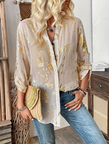 Women’s White Gold Foil Button-Up Shirt, Lightweight Roll-Sleeve Casual Blouse
