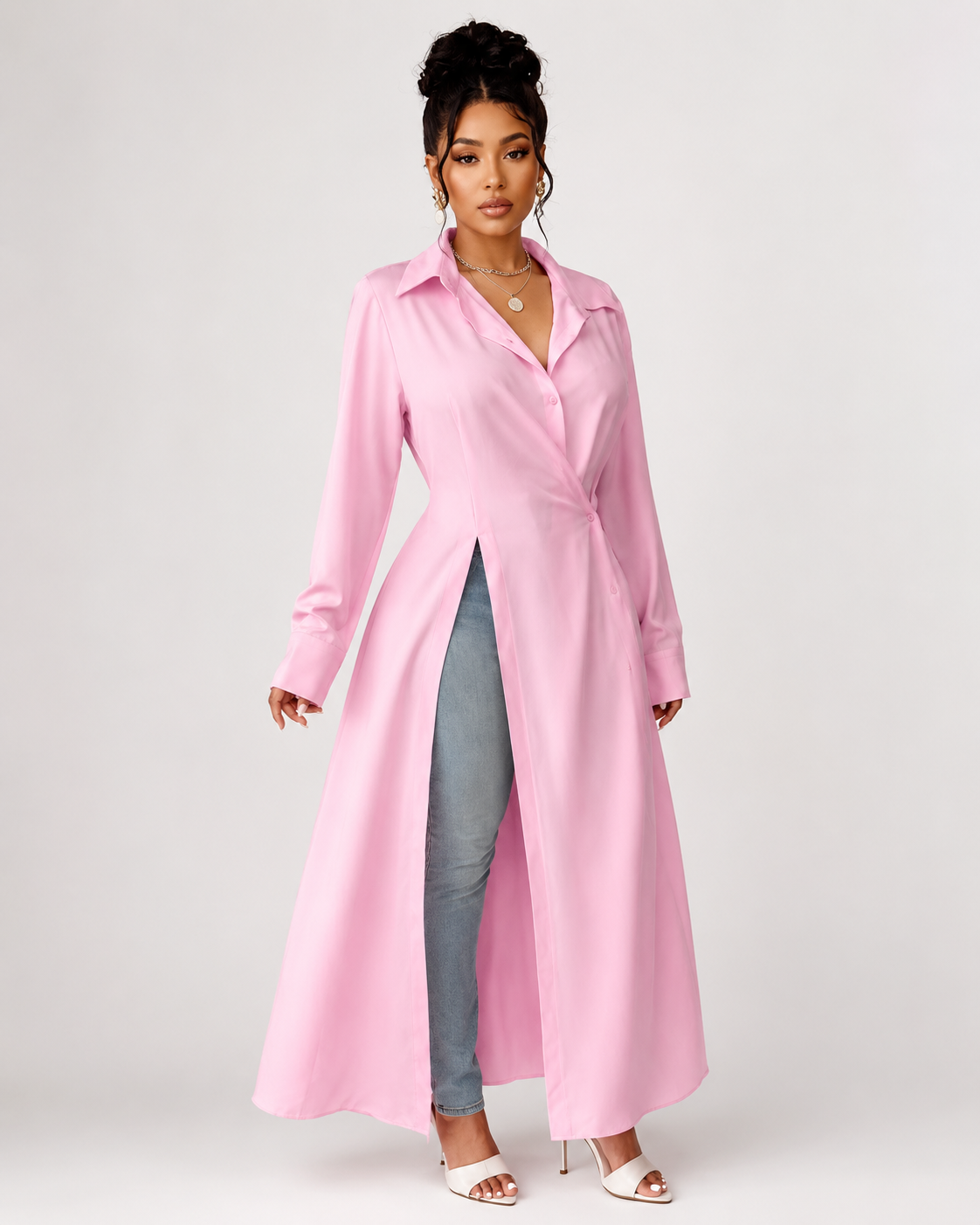SHEIN Women’s Pink Long Shirt Dress – Button Front Wrap Style Maxi Blouse, SHEIN Fast Delivery in 5 Days