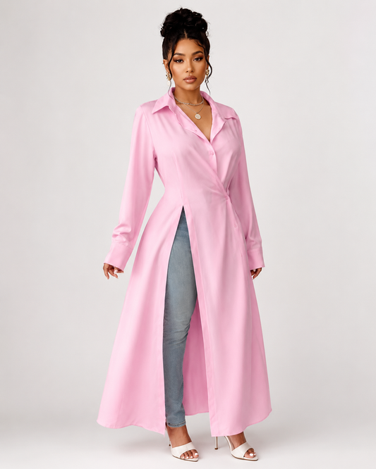 SHEIN Women’s Pink Long Shirt Dress – Button Front Wrap Style Maxi Blouse, SHEIN Fast Delivery in 5 Days
