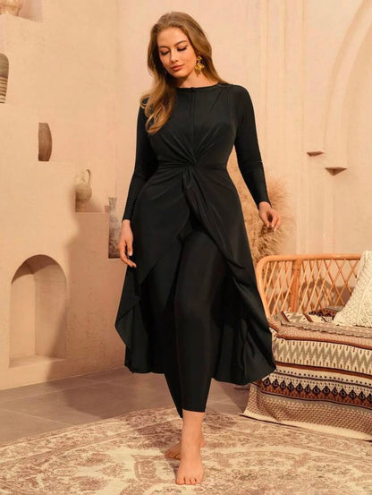 Black Modest Swim Set with Long Sleeve Wrap Cover-Up – SHEIN Fast Delivery in 5 Days