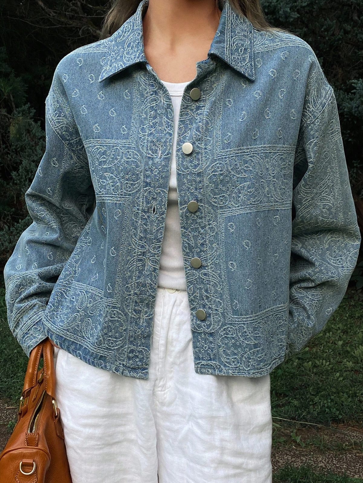 Light Blue Paisley Denim Cropped Jacket with Button Front