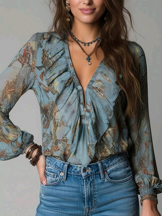 Blue Printed Ruffle V-Neck Blouse