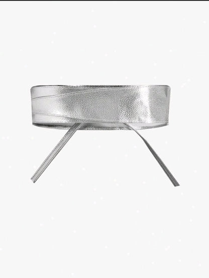 Silver Metallic Bow Tie Waist Belt for Women