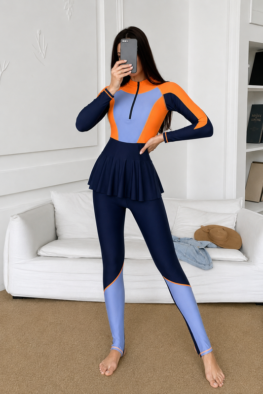 Women’s Modest Sport Swimsuit Set – Long Sleeve Color Block Swimwear with Skirted Leggings – Navy Orange & Blue