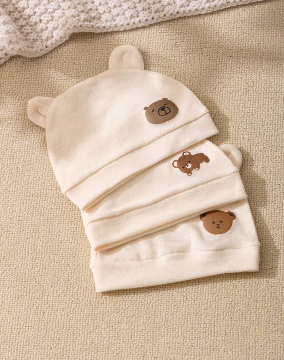 Baby Beige Bear Cotton Hat – Soft Newborn Cap with Ears