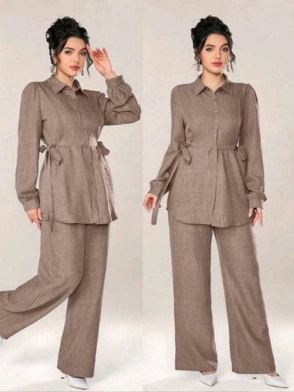 SHEIN Women’s Brown Shirt & Wide Leg Pants Set – Belted Long Sleeve Co-Ord Set, SHEIN Fast Delivery in 5 Days