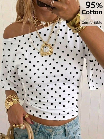 SHEIN Women White Polka Dot One Shoulder Top