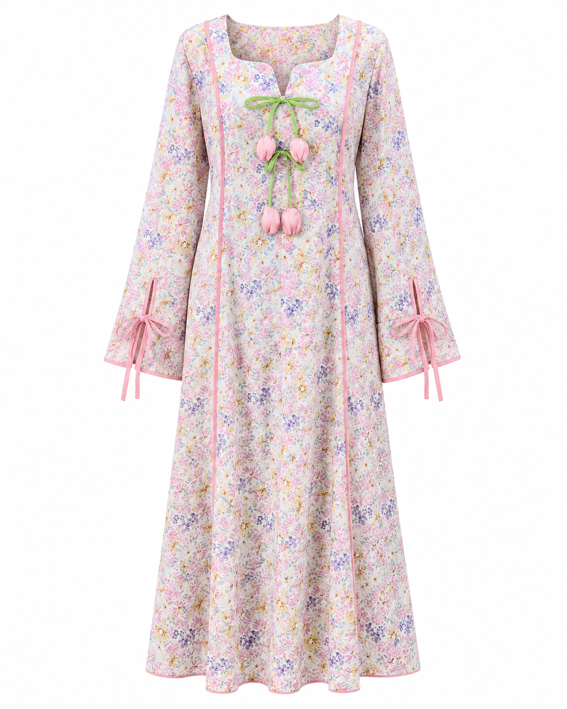Women’s Pastel Floral Maxi Dress – Long Sleeve Modest Dress with Bow Tie Details