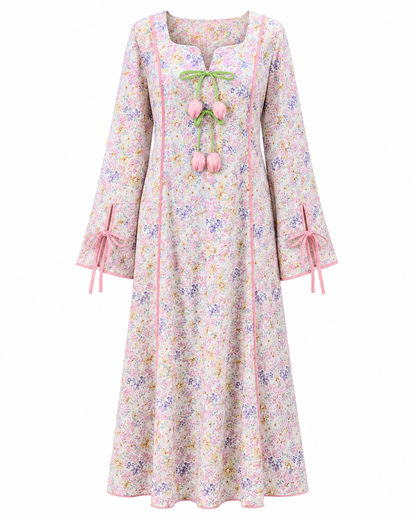 Women’s Pastel Floral Maxi Dress – Long Sleeve Modest Dress with Bow Tie Details