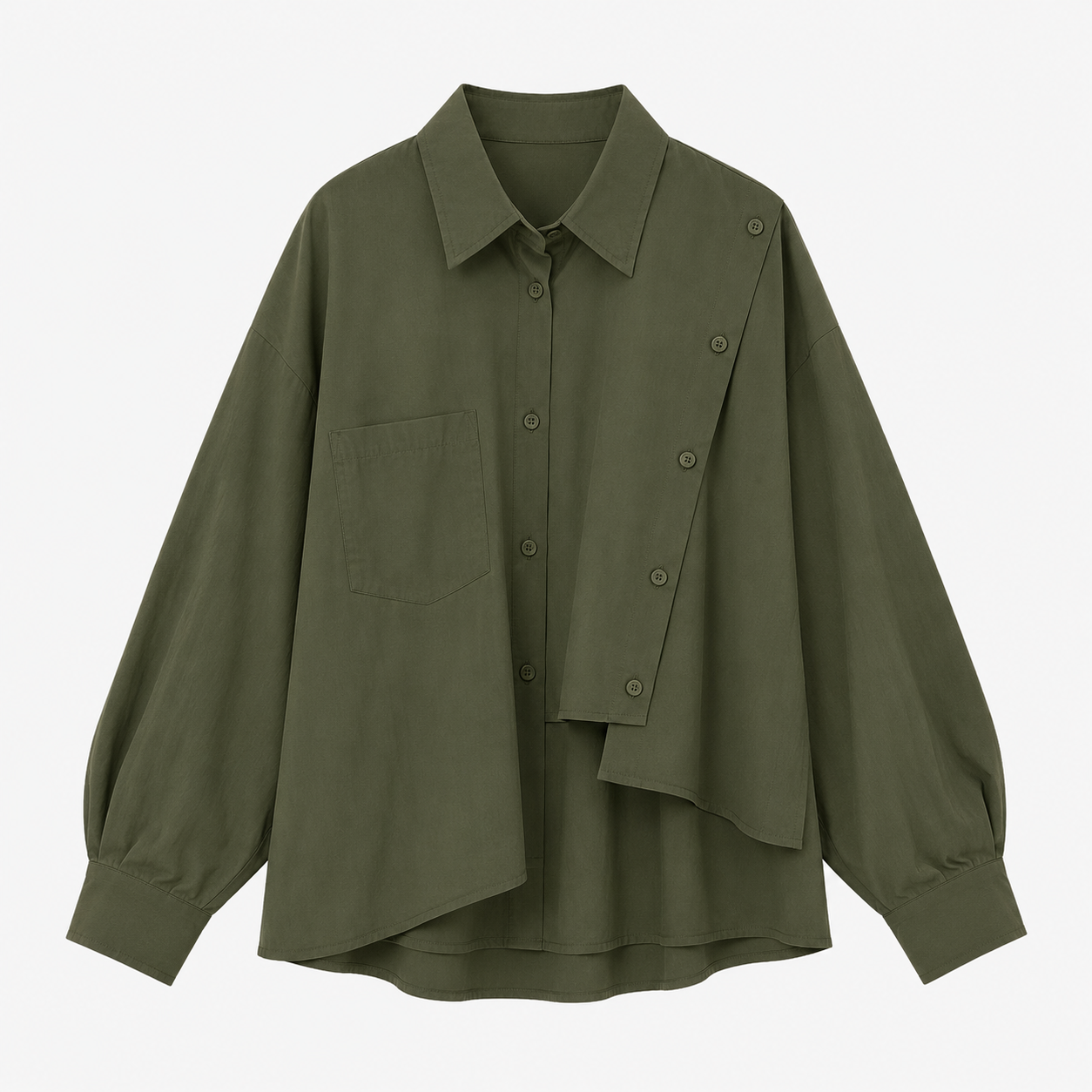 SHEIN Women’s Olive Green Asymmetric Button-Up Shirt – Oversized Long Sleeve Blouse, SHEIN Fast Delivery in 5 Days