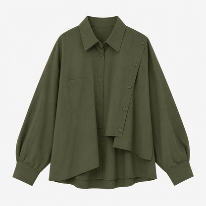 SHEIN Women’s Olive Green Asymmetric Button-Up Shirt – Oversized Long Sleeve Blouse, SHEIN Fast Delivery in 5 Days