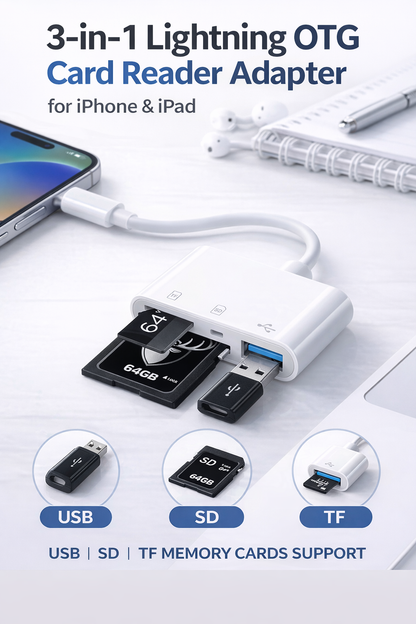 3-in-1 Lightning OTG Card Reader Adapter – USB & SD/TF Memory Card Reader for iPhone and iPad – White