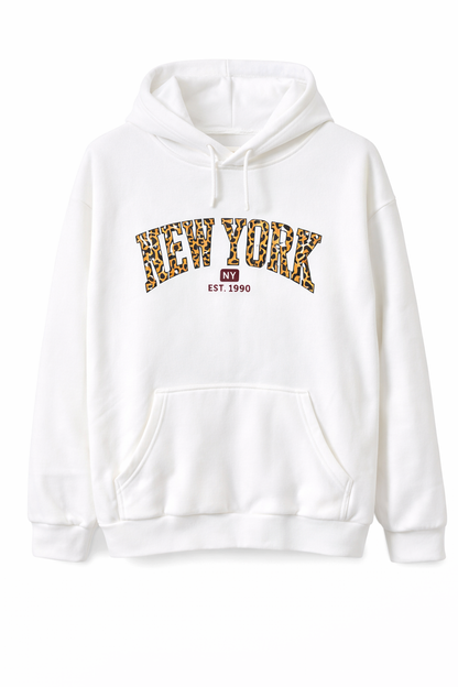 White New York Leopard Print Hoodie – Oversized Casual Winter Sweatshirt for Women