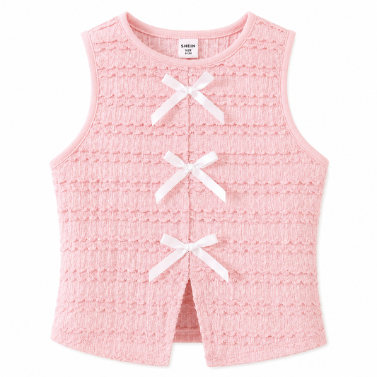 Girls Pink Textured Bow Front Sleeveless Top