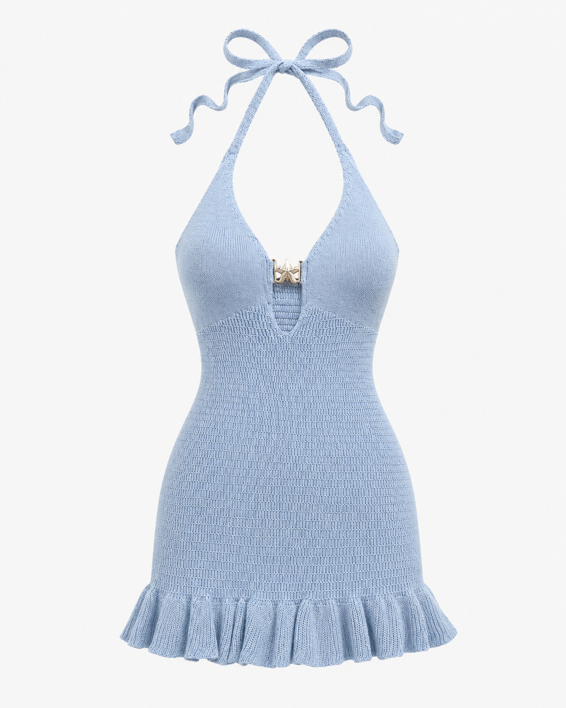 Light Blue Knit Halter Mini Dress with Ruffle Hem