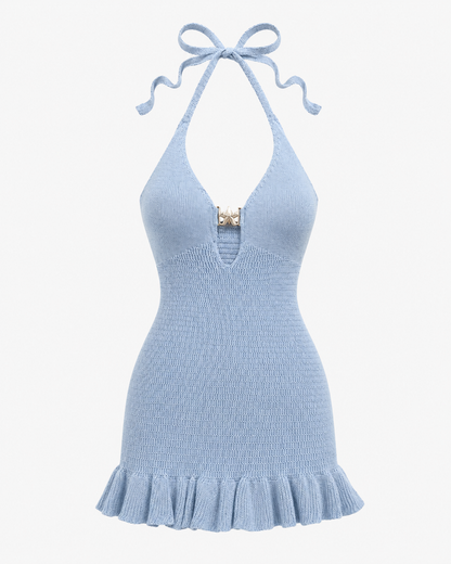 Light Blue Knit Halter Mini Dress with Ruffle Hem