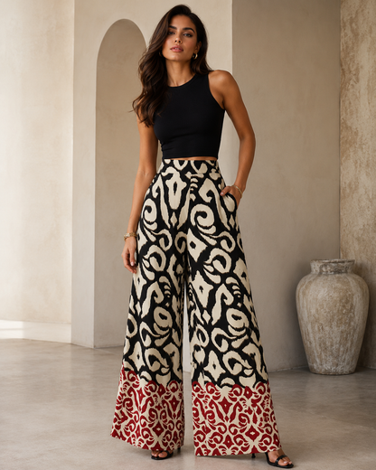 Women’s Black White Red Printed Wide Leg Pants, High Waist Statement Trousers