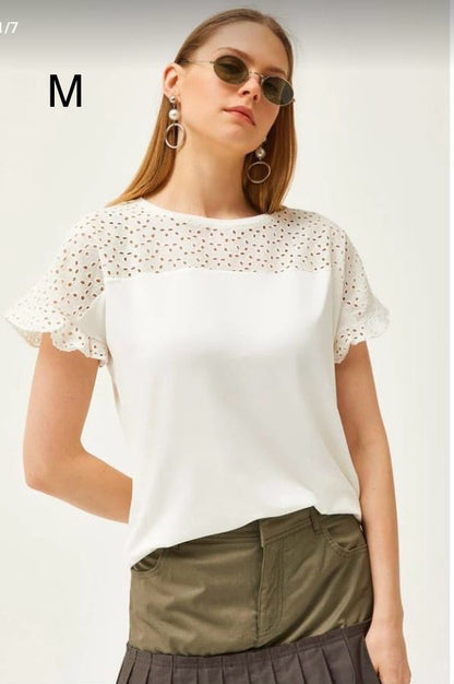 Women’s White Eyelet Lace Sleeve Cotton Top, Casual Elegant Short Sleeve Blouse