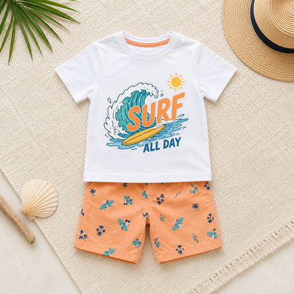 Boys White Mickey Surf T-Shirt & Peach Shorts Set – 2 Piece Casual Kids Outfit, Fast Delivery in 5 Days
