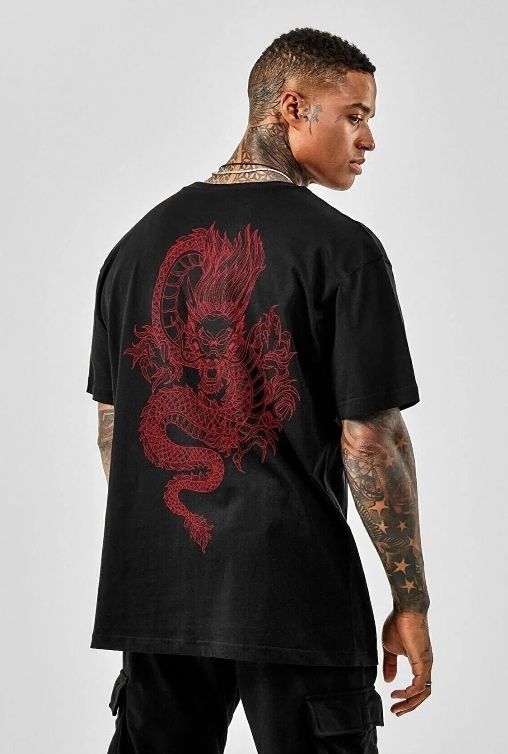Men’s Black Dragon Graphic Cotton T-Shirt, Short Sleeve Casual Streetwear Top