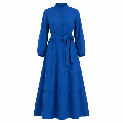 Trendyol Women’s Blue Maxi Dress – Long Sleeve Tiered Dress with Waist Tie