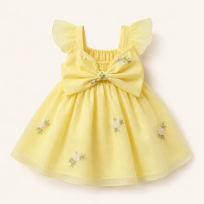 Girls Yellow Floral Bow Party Dress