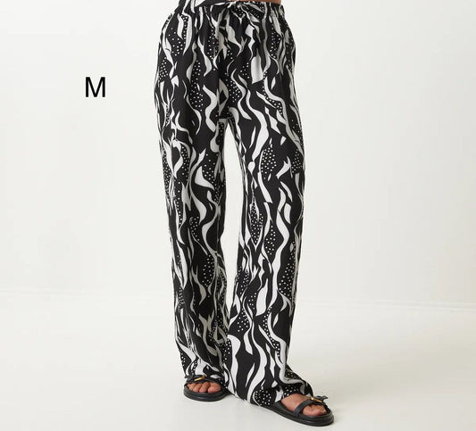 Women’s Trendyol Black White Wavy Print Wide Leg Pants – Viscose Palazzo Pants