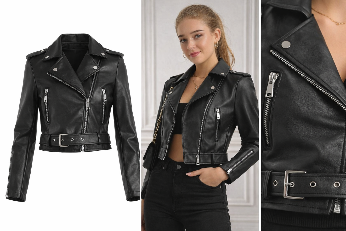 Women’s Black Faux Leather Biker Jacket with Belt – Slim Fit Zip Moto Jacket