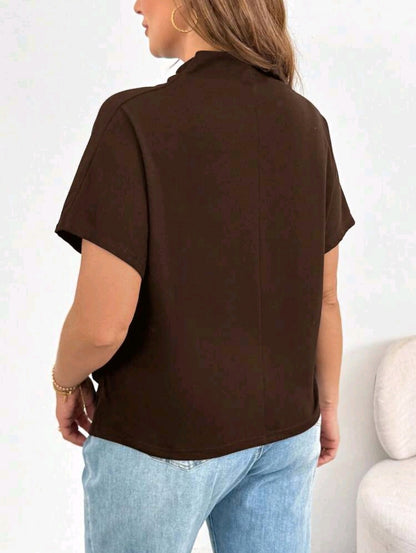 Brown Mock Neck Short Sleeve Top – Casual Loose Fit Women Everyday T-Shirt