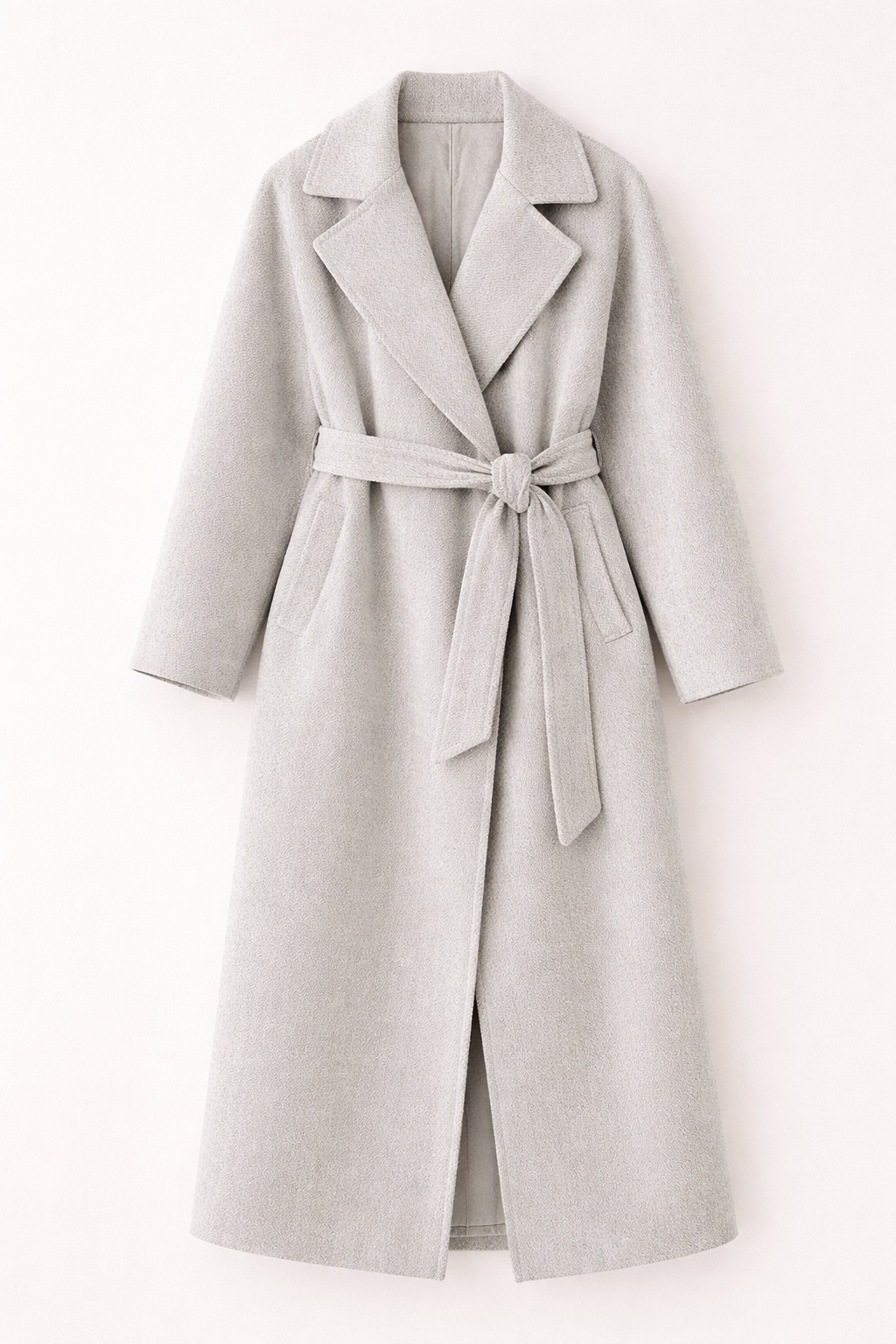 Light Grey Belted Long Coat – Oversized Winter Wrap Coat – Elegant Lapel Outerwear – Soft Textured Finish