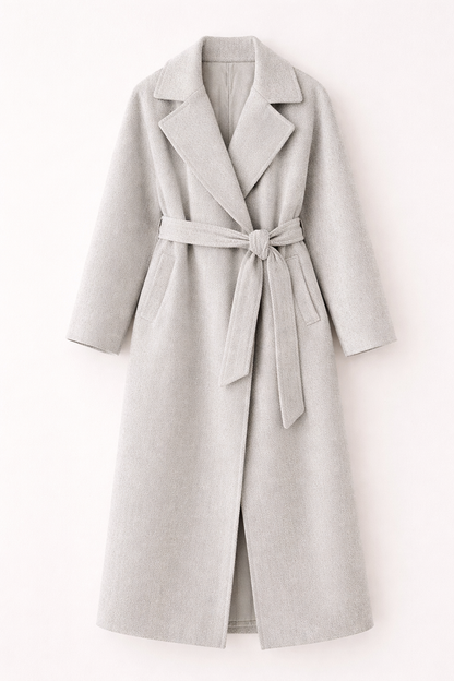 Light Grey Belted Long Coat – Oversized Winter Wrap Coat – Elegant Lapel Outerwear – Soft Textured Finish