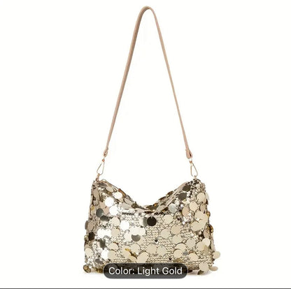Light Gold Sequin Shoulder Bag with Long Strap, Shimmer Evening Hobo Bag for Parties & Special Occasions